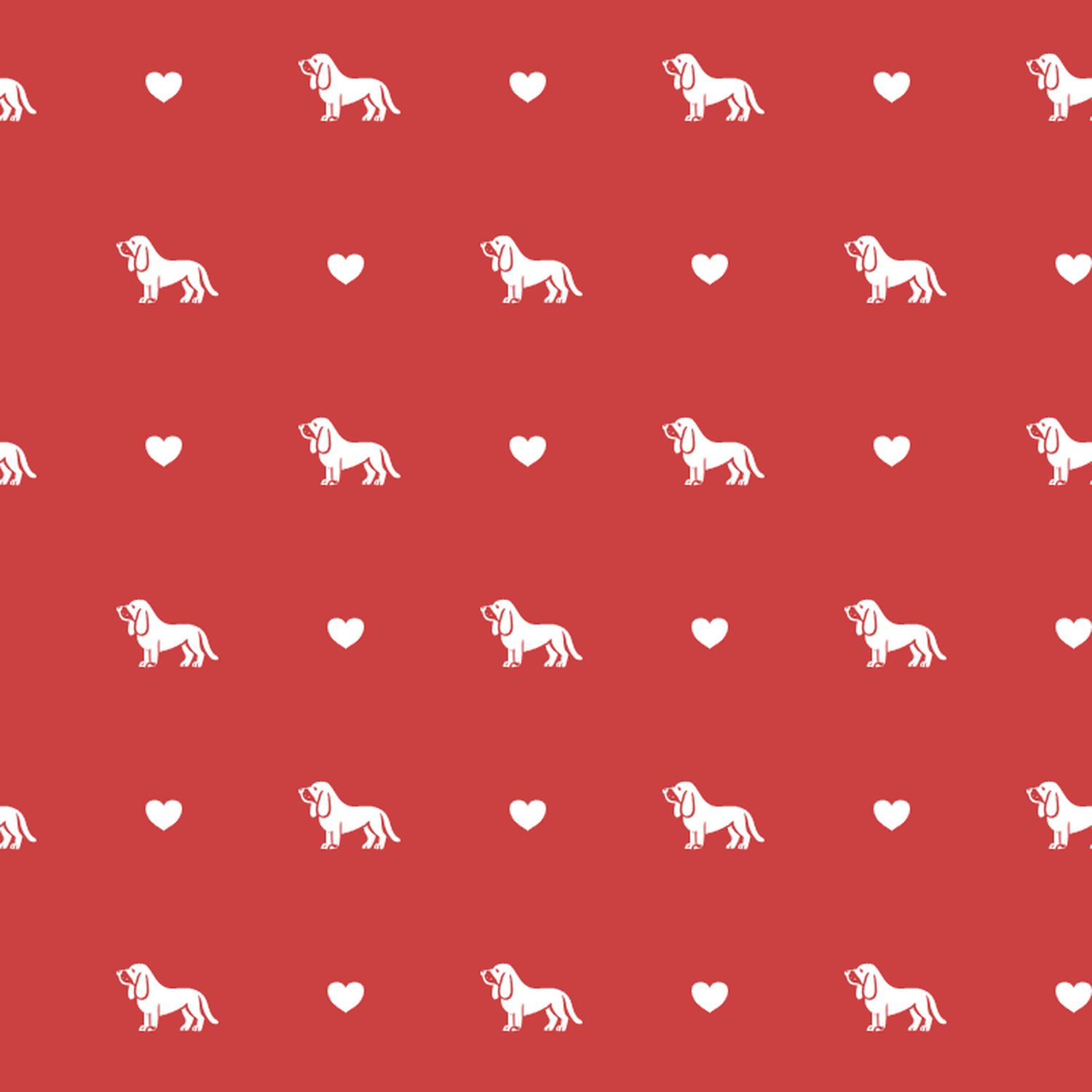 Basset Hound with Hearts on Red Background