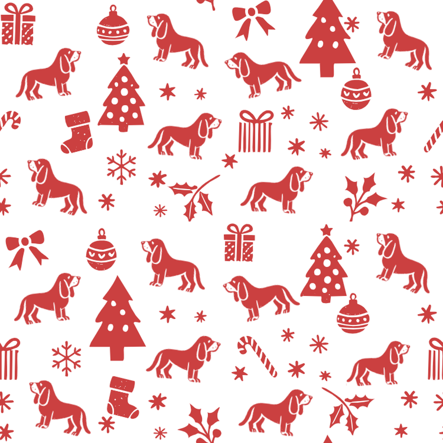 Basset Hound and Red Christmas Symbols