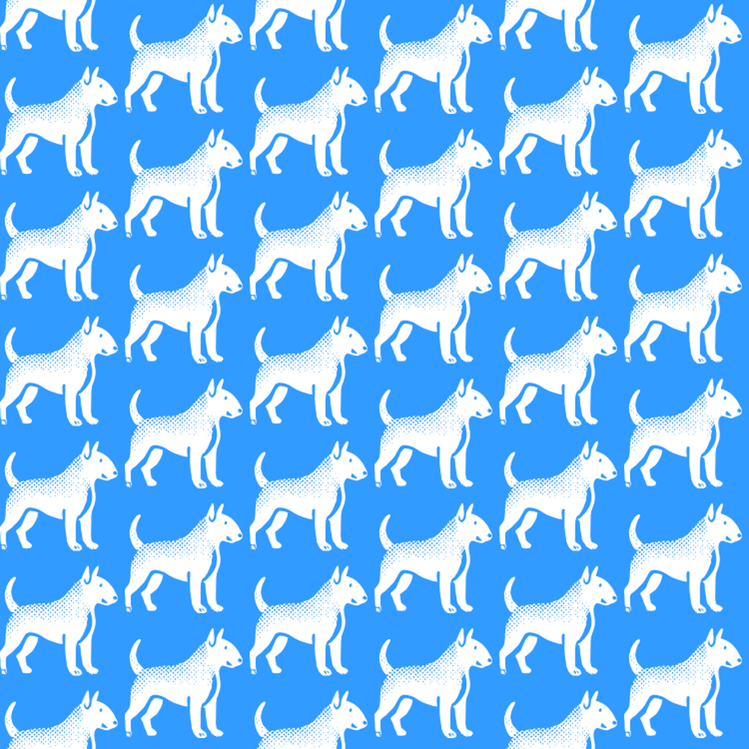 Condensed pattern of Bull Terriers on a blue background