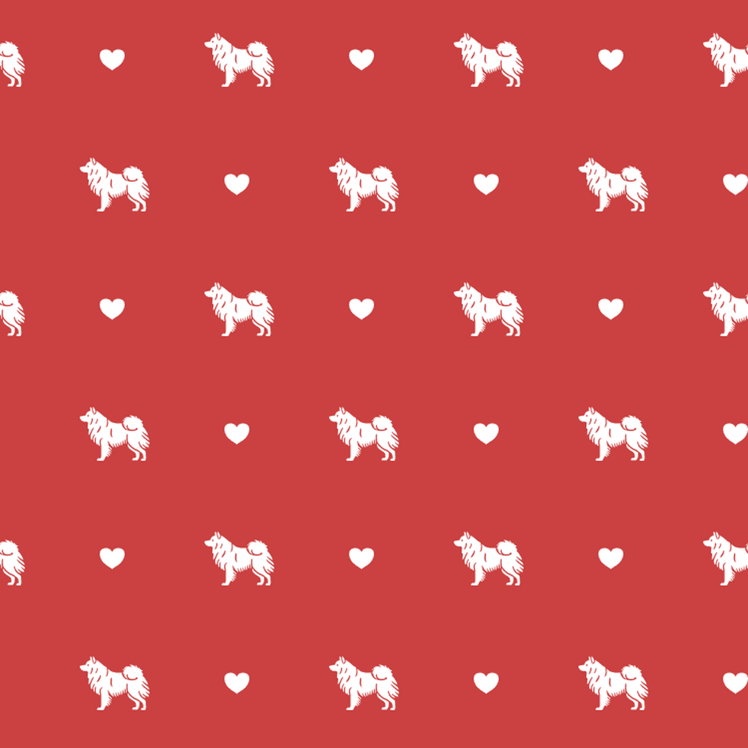 Keeshond with Hearts on Red Background