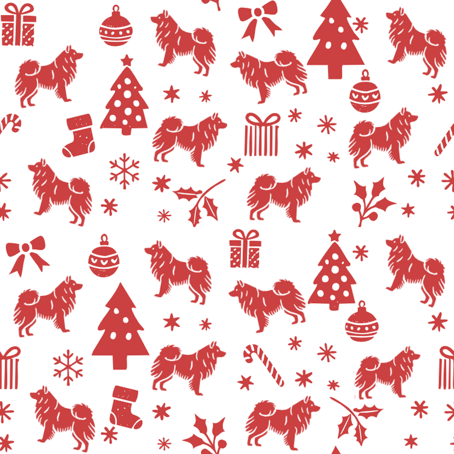 Keeshond and Red Christmas Symbols