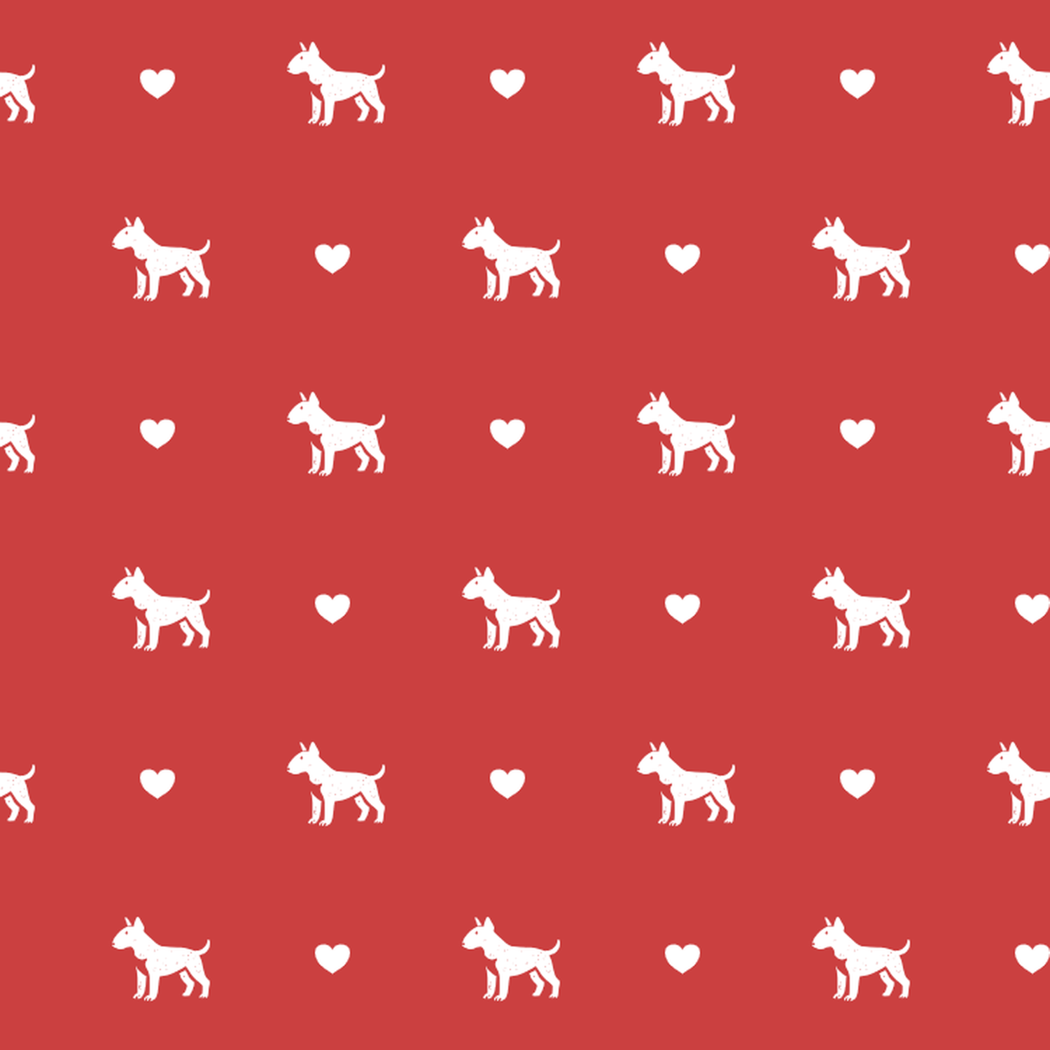 Miniature Bull Terrier with Hearts on Red Background