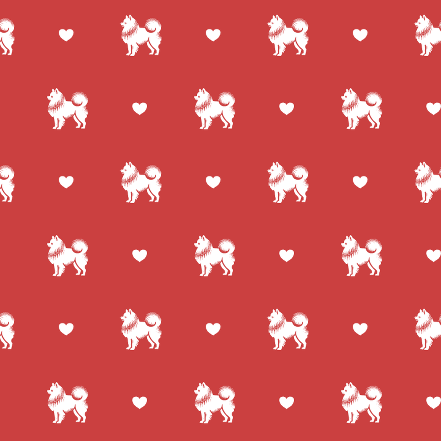 Pomeranian with Hearts on Red Background