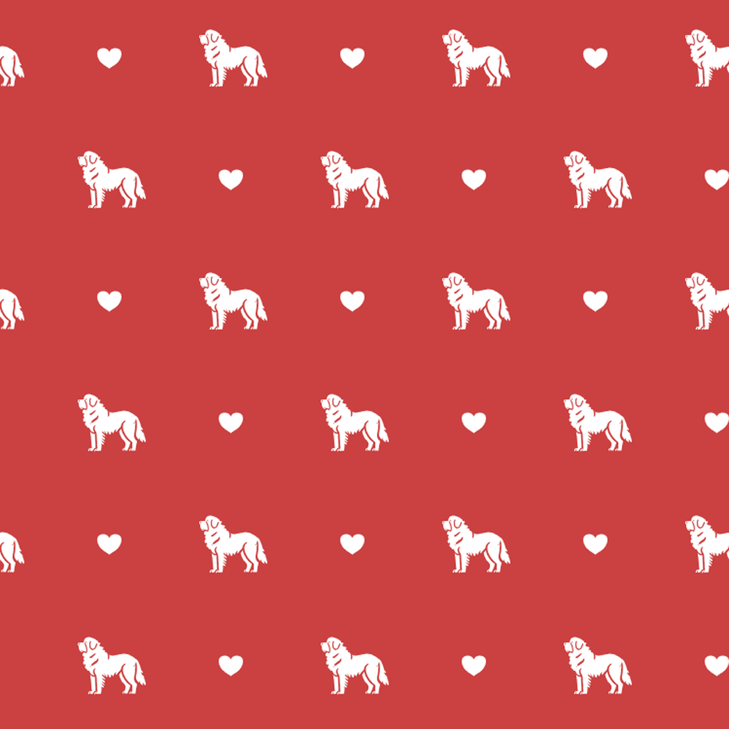 Pyrenean Mastiff with Hearts on Red Background