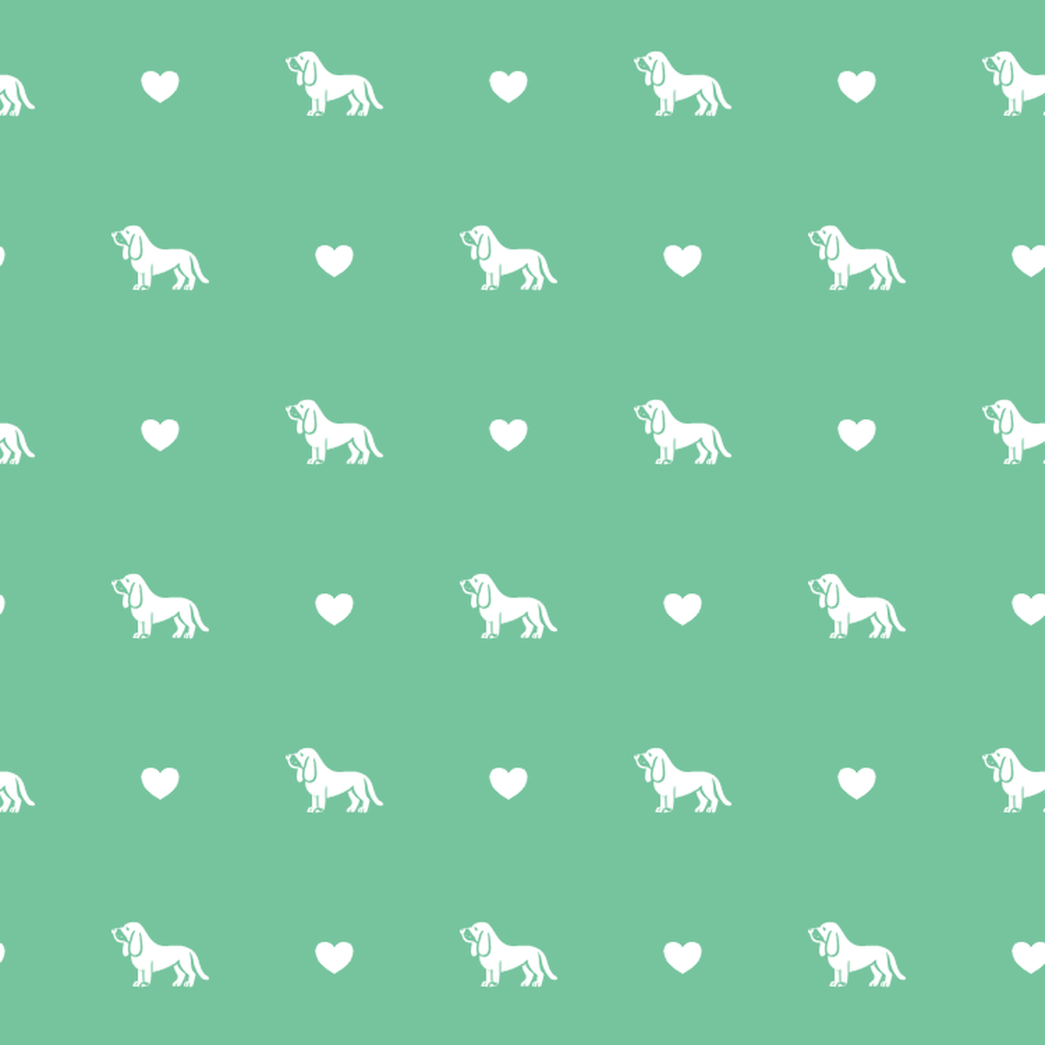 Basset Hound with Hearts on a Green Background