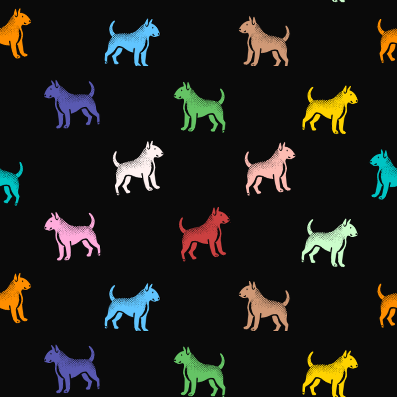 Multicolored Bull Terrier Pattern on a Dark Background