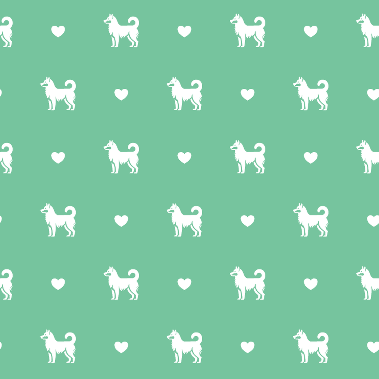 Canadian Eskimo Dog with Hearts on a Green Background