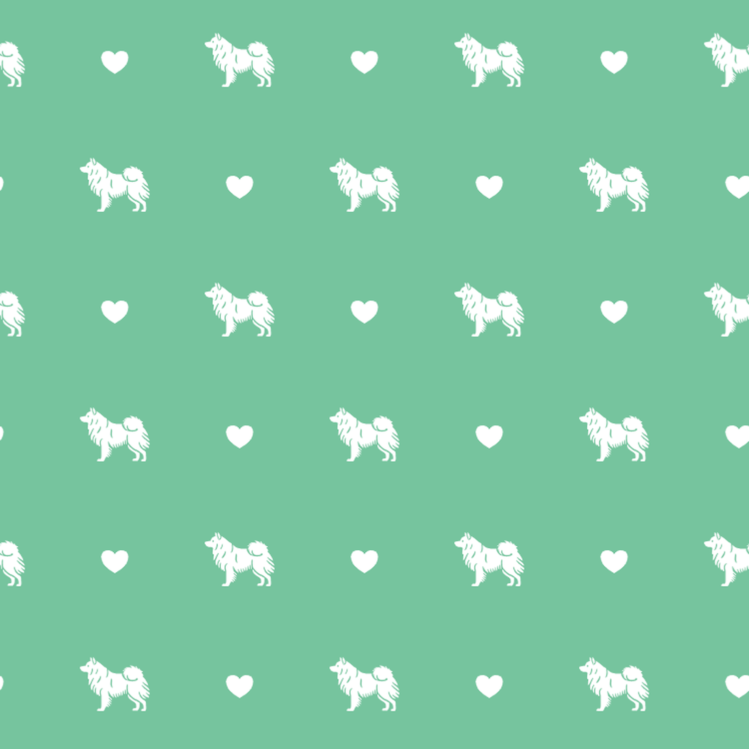 Keeshond with Hearts on a Green Background