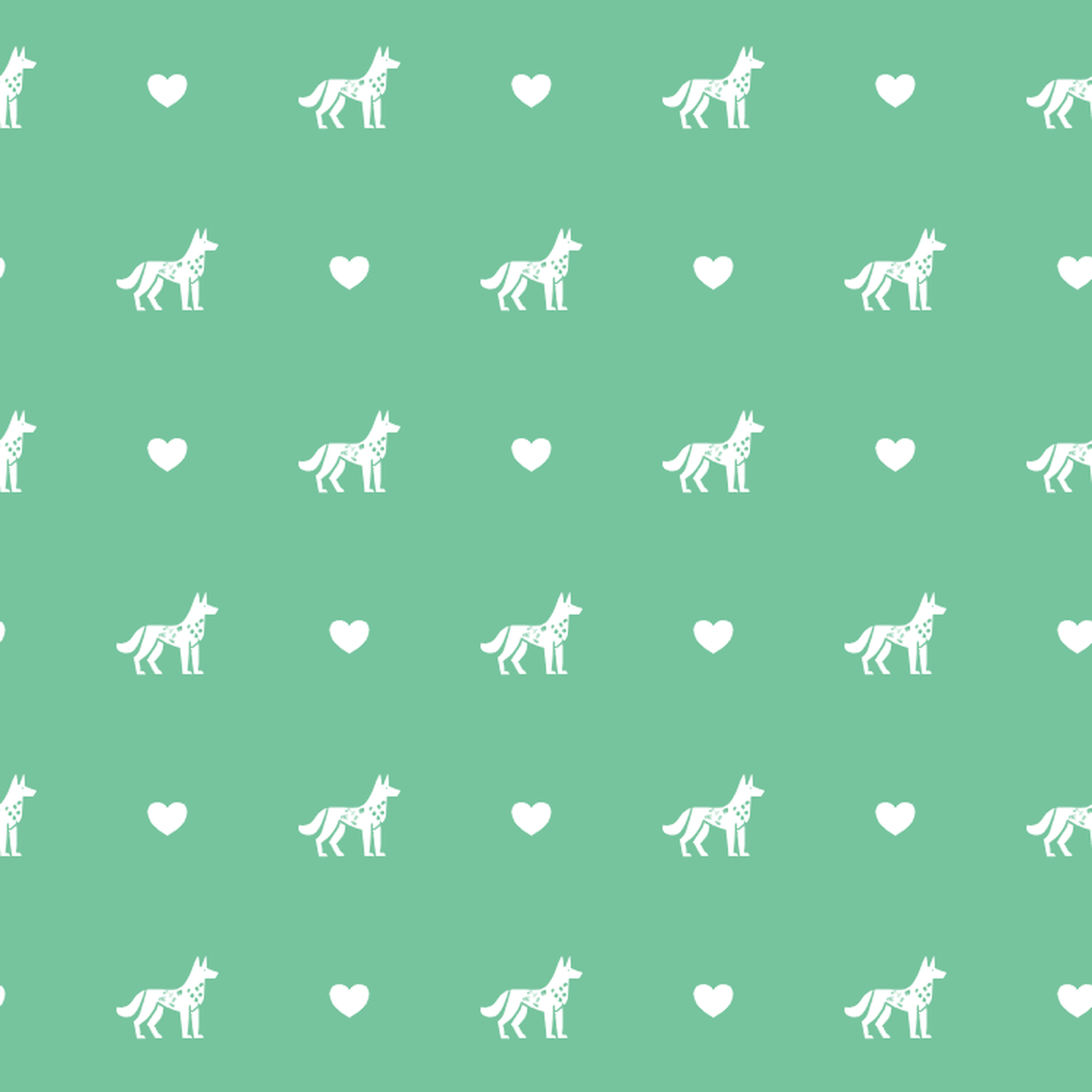 Koolie with Hearts on a Green Background