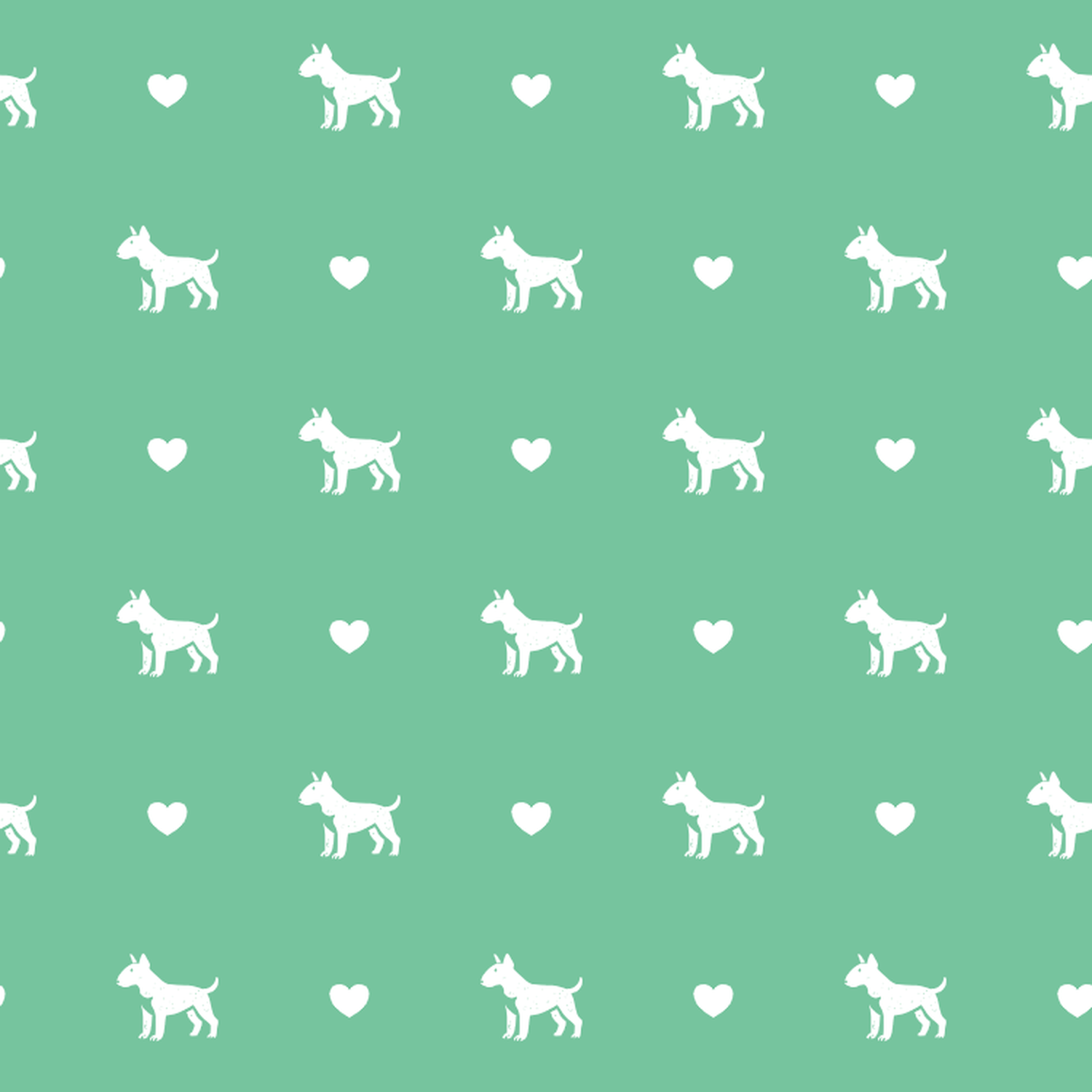 Miniature Bull Terrier with Hearts on a Green Background