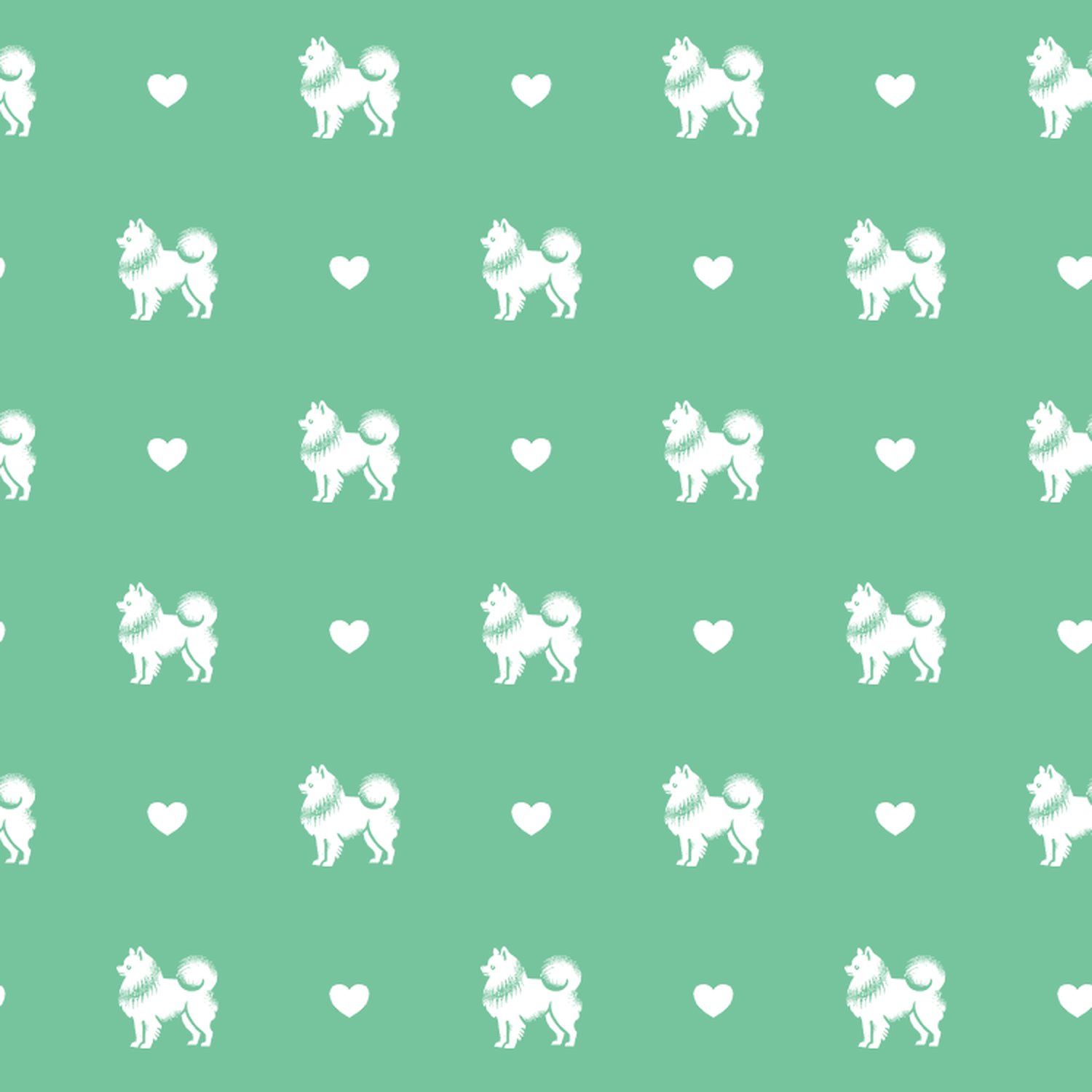 Pomeranian with Hearts on a Green Background