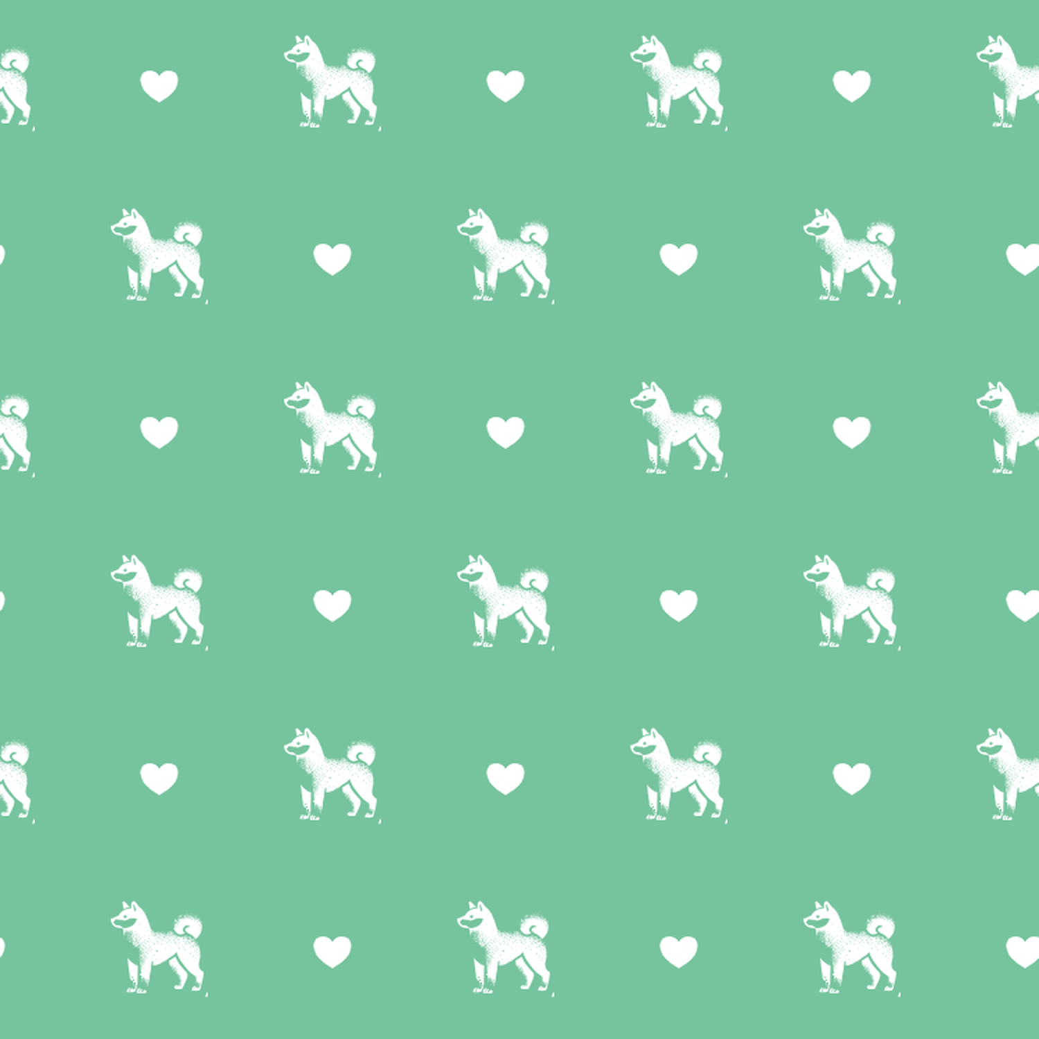 Shiba Inu with Hearts on a Green Background